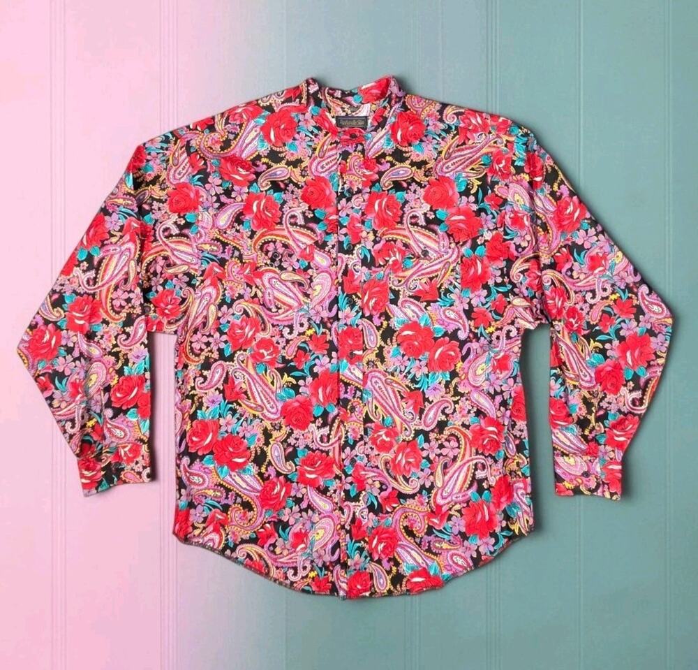 Vtg Panhandle Slim Paisley Floral Shirt Large Button-Up Casual Band Collar USA